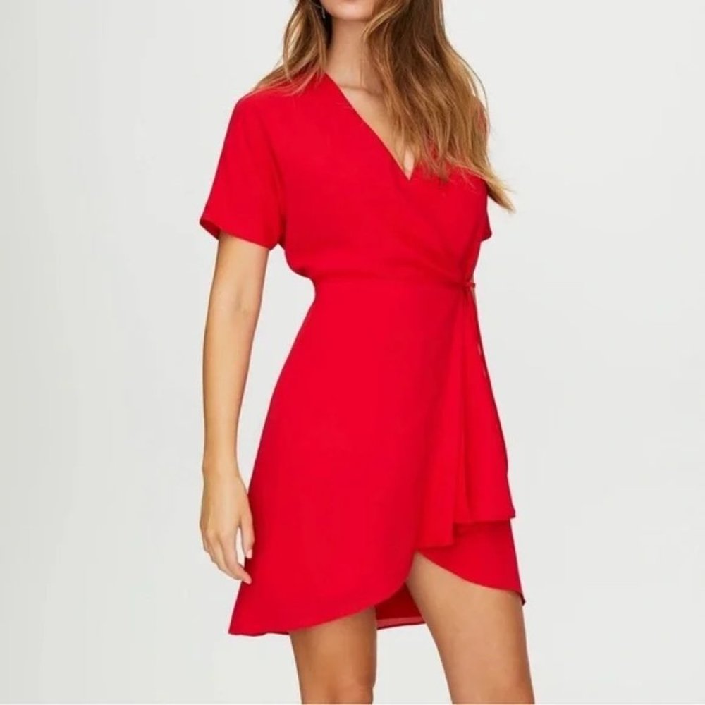 Aritzia Babaton Wallace Red Short Sleeve Tie Mini Wrap Dress
